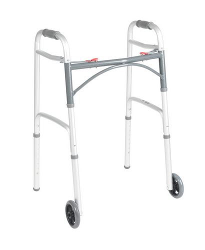 Drive Folding Adult Walker w/ 5" Wheels, Aluminum, Two Button, 350 lbs.